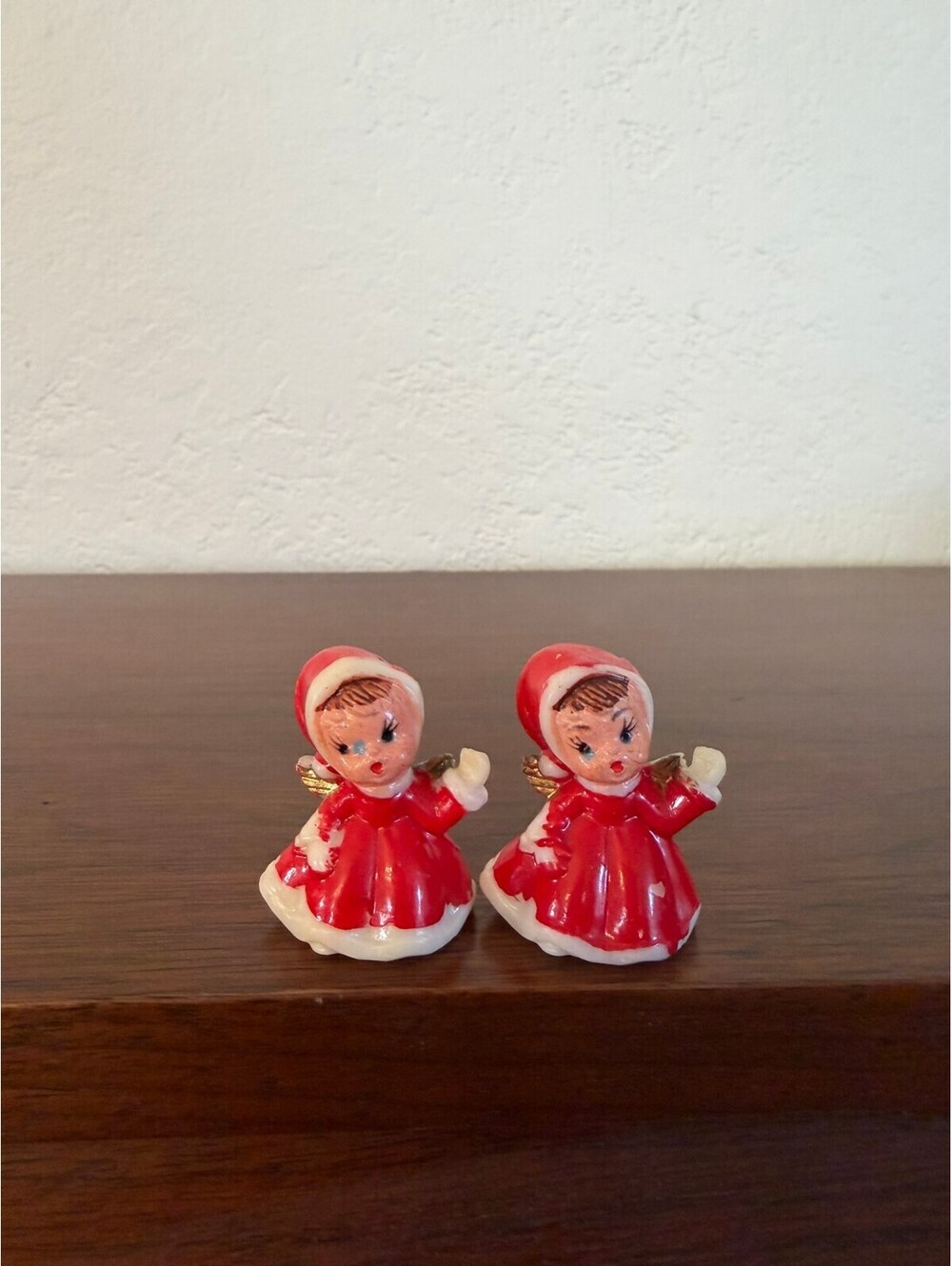 Vintage 1950s MCM Kitschy Christmas Angel Figurines Red Gold Pair Japan Style